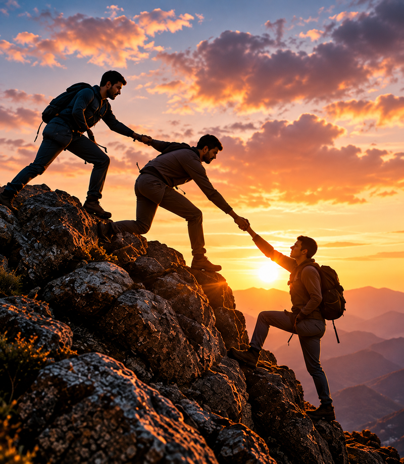 Trois randonneurs se tendant la main pour gravir une crête au coucher du soleil